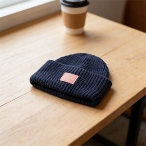 Acne Navy Knit Beanie with Pink Detail